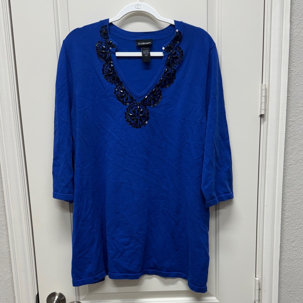 Lane Bryant Royal Blue Sweater Top with Black Beaded Detail